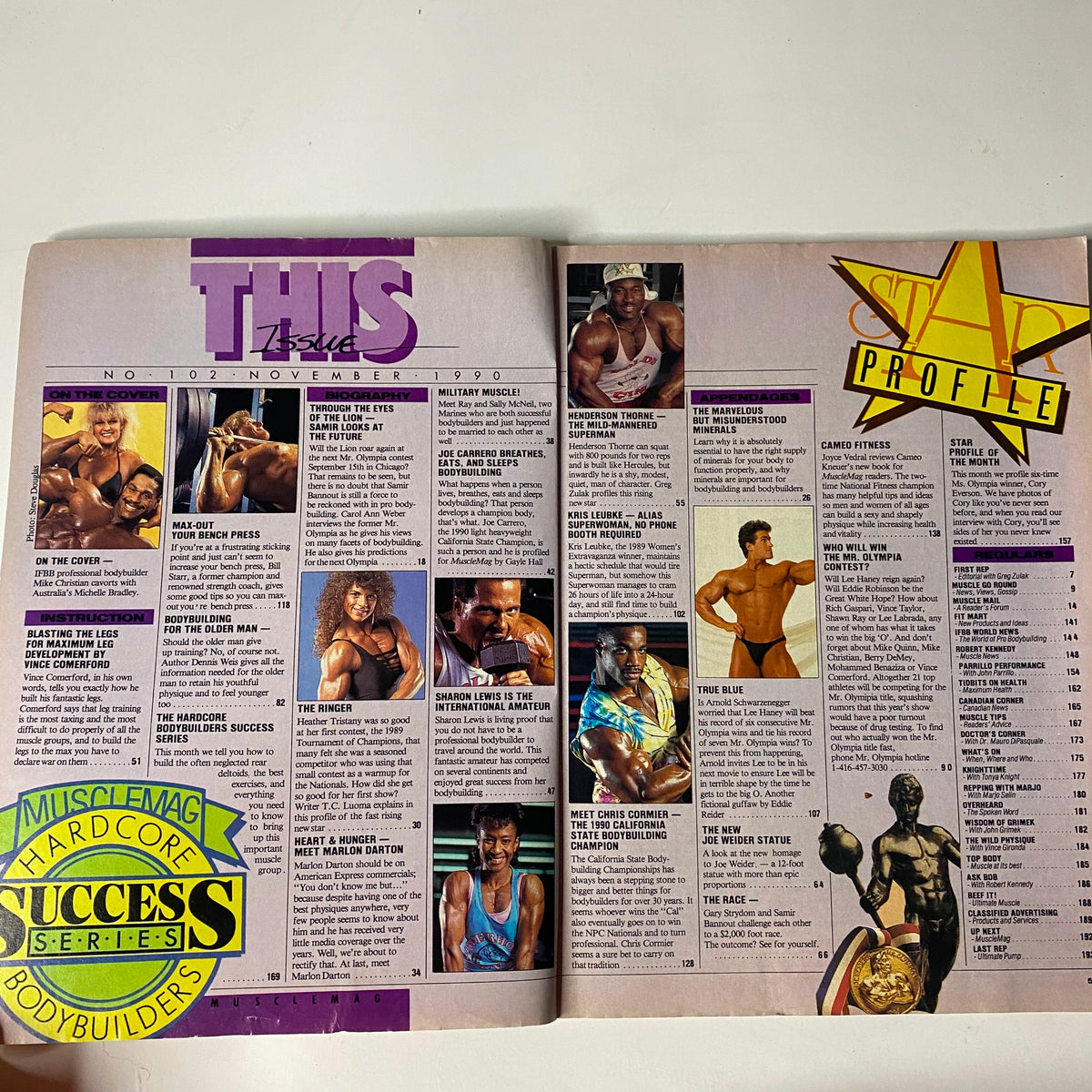 Inside layout of MuscleMag International Magazine November 1990, showcasing profiles of bodybuilders and fitness columns.