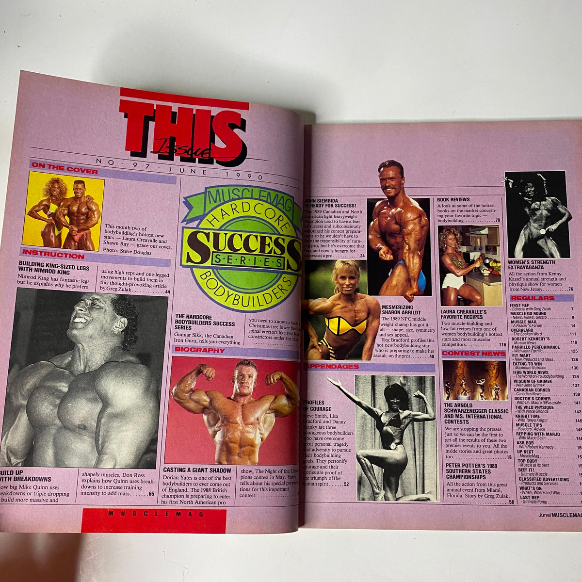 Inside spread of MuscleMag International Magazine June 1990 highlighting bodybuilders, instructional content, and athlete biographies with a pink background design.