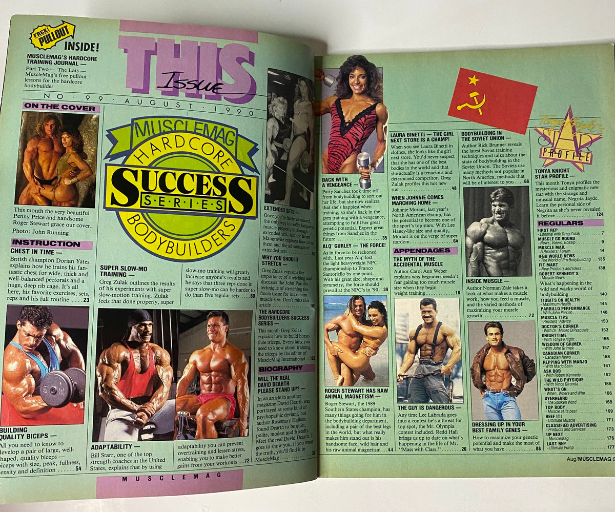 Inside spread of MuscleMag International Magazine August 1990 No. 99, highlighting articles on bodybuilding techniques and profiles of famous bodybuilders.