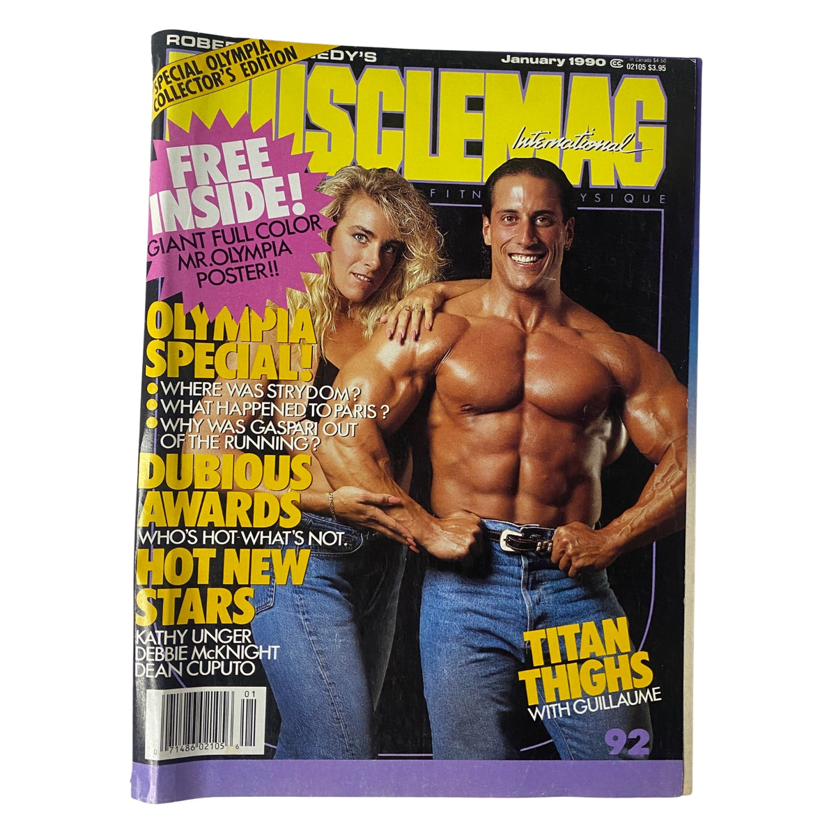 Cover of MuscleMag International Magazine January 1990 No. 92 featuring Mike Quinn and Dana, showcasing bodybuilding themes and lifestyle.