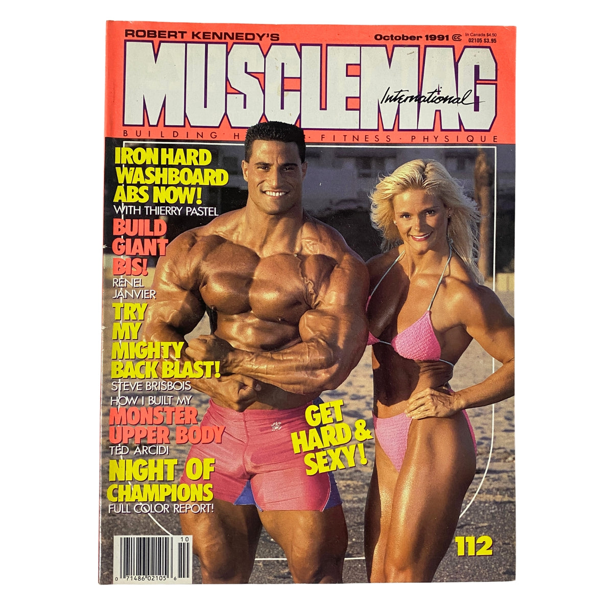 Cover of MuscleMag International Magazine October 1991 No. 112 featuring Mike Matarazzo and a female fitness model, showcasing bodybuilding and fitness content.