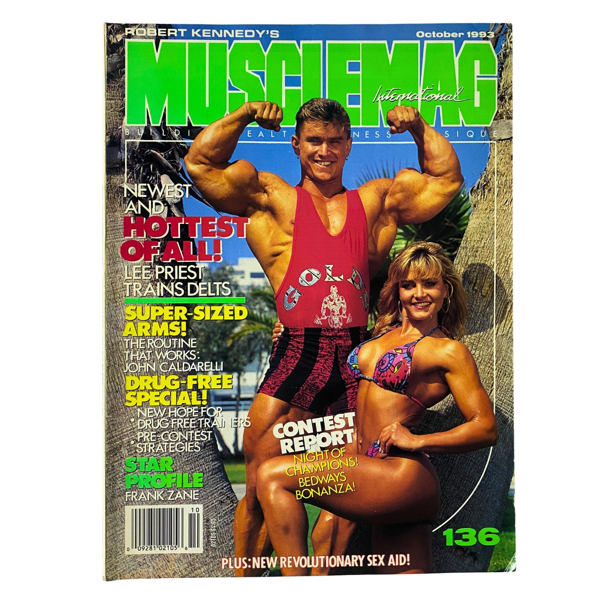 Cover of MuscleMag International Magazine October 1993 No. 136 featuring Lee Priest and Laurie Donnelly, showcasing bodybuilding culture with a vibrant outdoor backdrop.