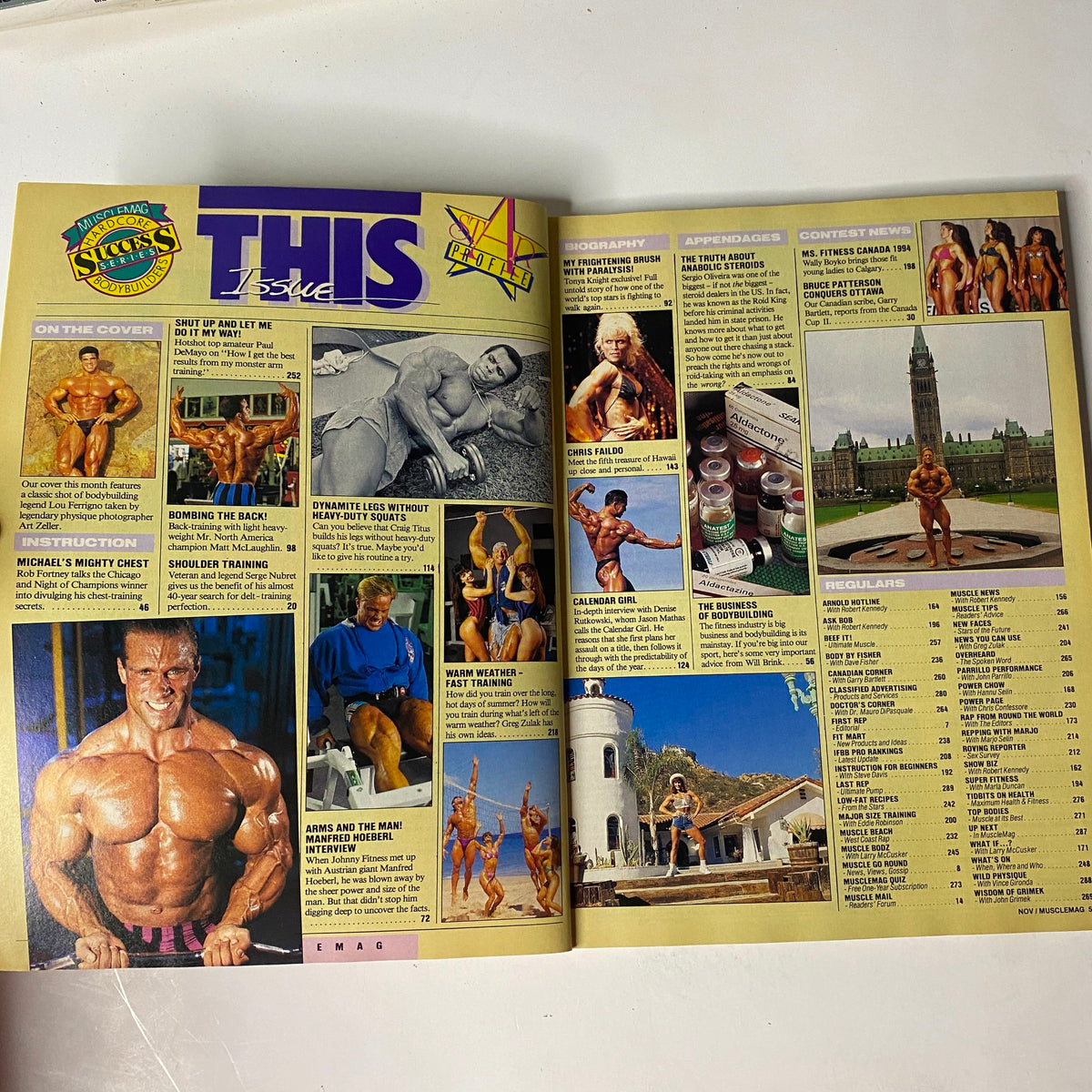 Inside spread from MuscleMag International November 1994 showing contents and features, including Michael O'Hearn and bodybuilding instructions.