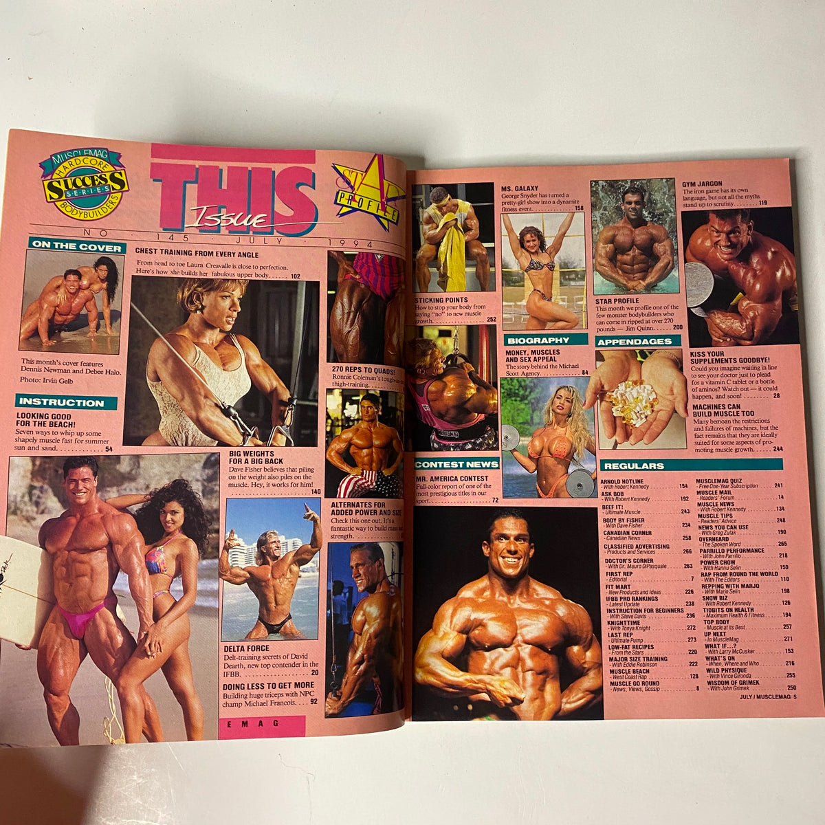 Interior page of MuscleMag International Magazine July 1994 No. 145 displaying articles, photographs of bodybuilders, and a table of contents highlighting features like Mr. America and Ms. Galaxy.