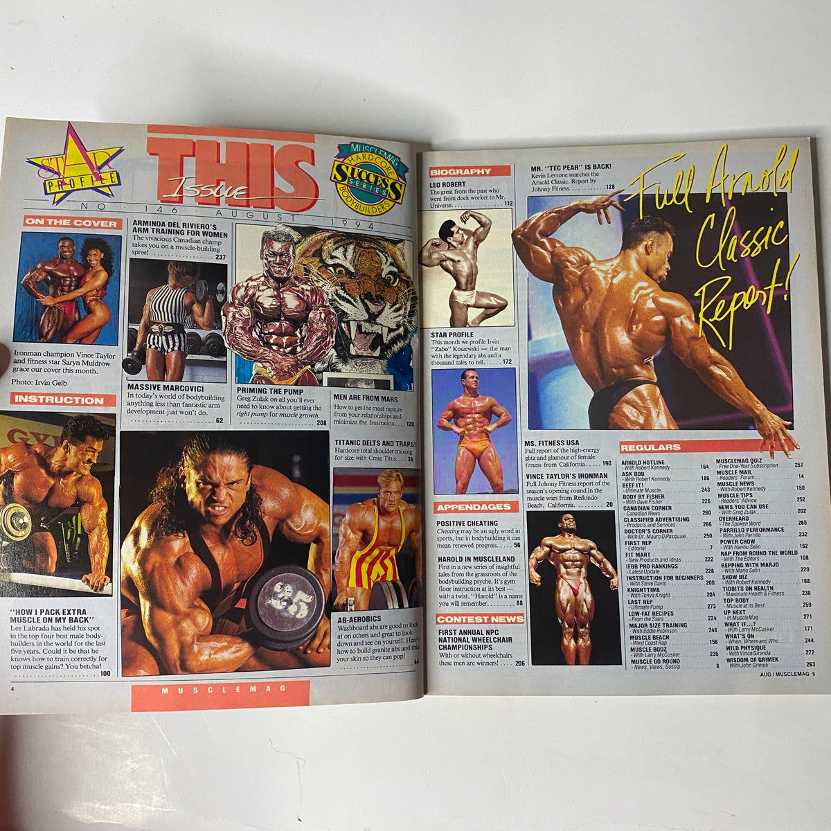 Inside spread of MuscleMag International Magazine August 1994 Issue No. 146 showcasing the contents including a biography section, Arnold Classic report, and fitness tips.