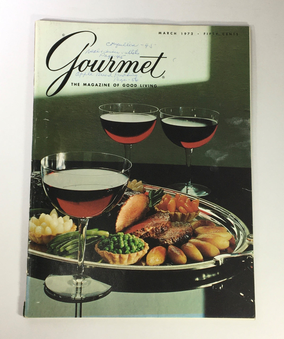 Cover of VTG Gourmet Magazine, March 1972, featuring a gourmet meal presentation with beverages, exploring dried bean cookery.