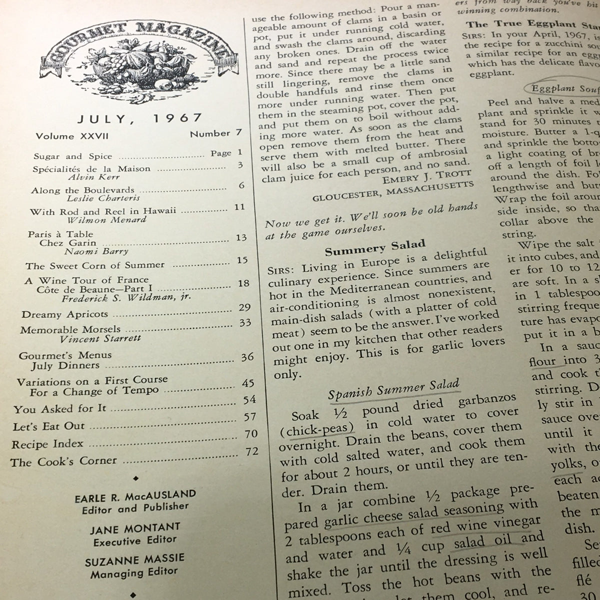 Inside page of VTG Gourmet Magazine - July 1967 showcasing the table of contents, including featured articles about summer recipes and gourmet dining.