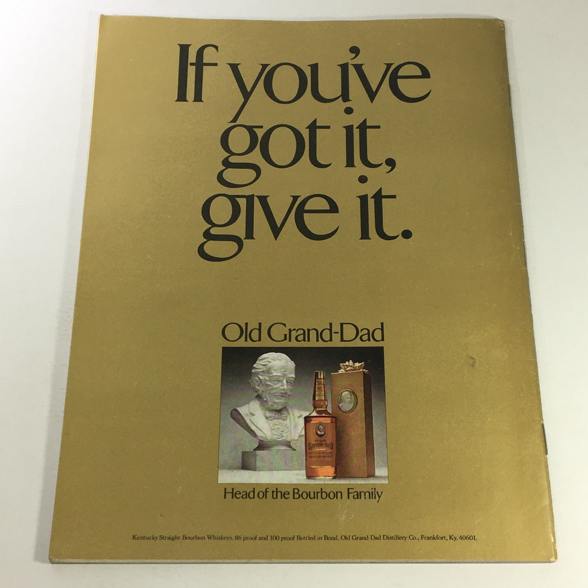Back cover of VTG Gourmet The Magazine of Good Living January 1974, showcasing an advertisement for Old Grand-Dad bourbon with a simple golden design.