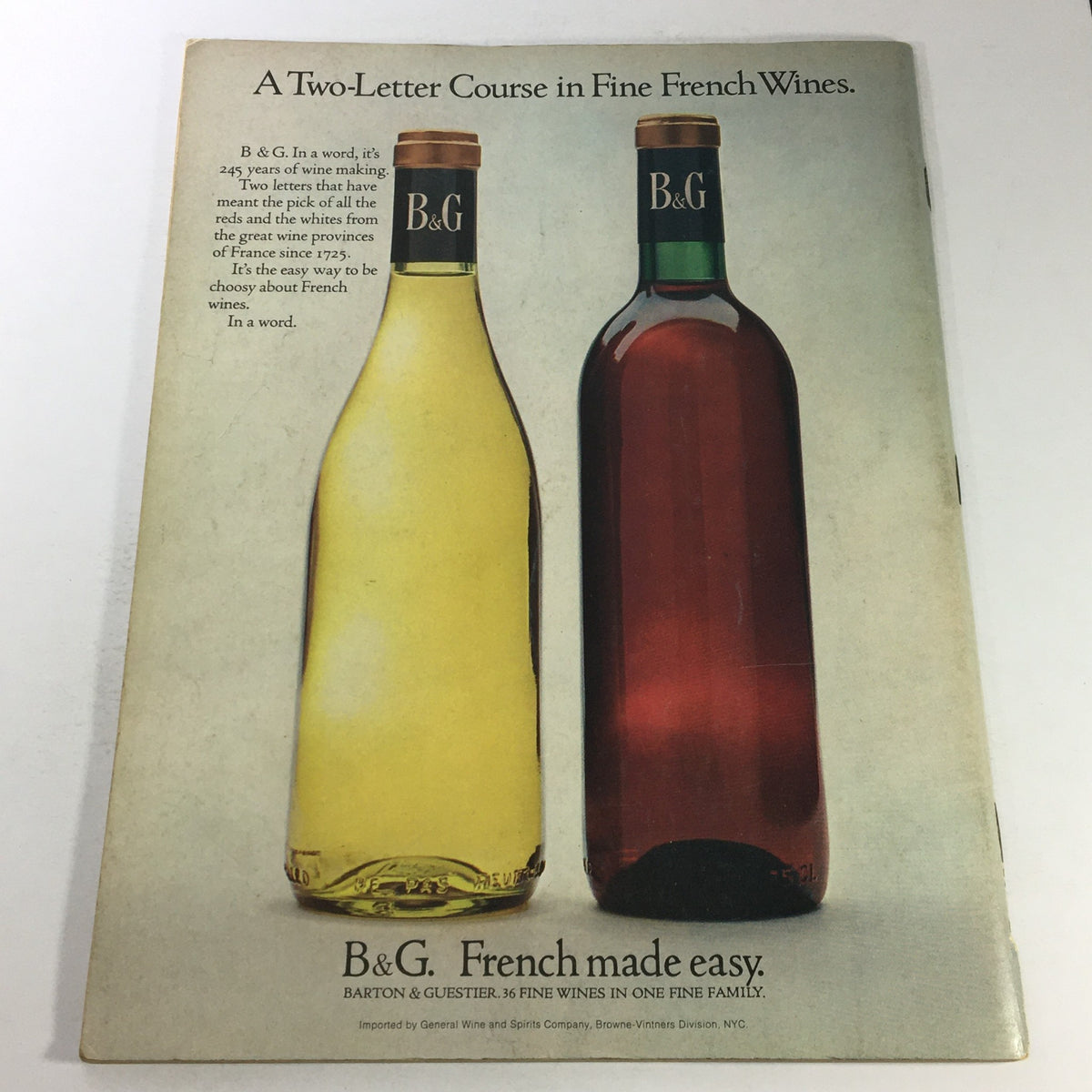 Back cover of VTG Gourmet The Magazine of Good Living March 1970 displaying an advertisement for B&G fine French wines.