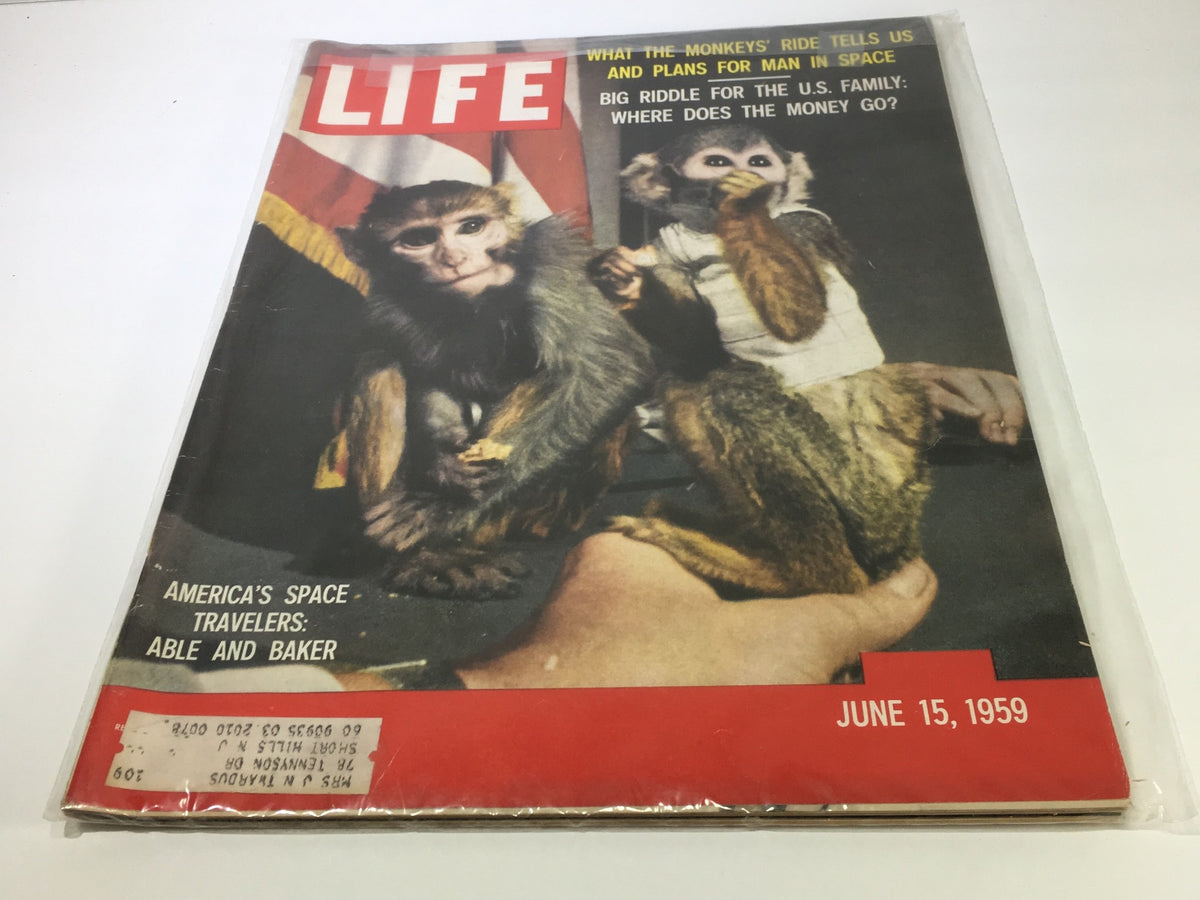 Cover of Life Magazine from June 15, 1959 featuring NASA's Monkeynauts, Able and Baker, showcasing two monkeys with historical significance in early space exploration.