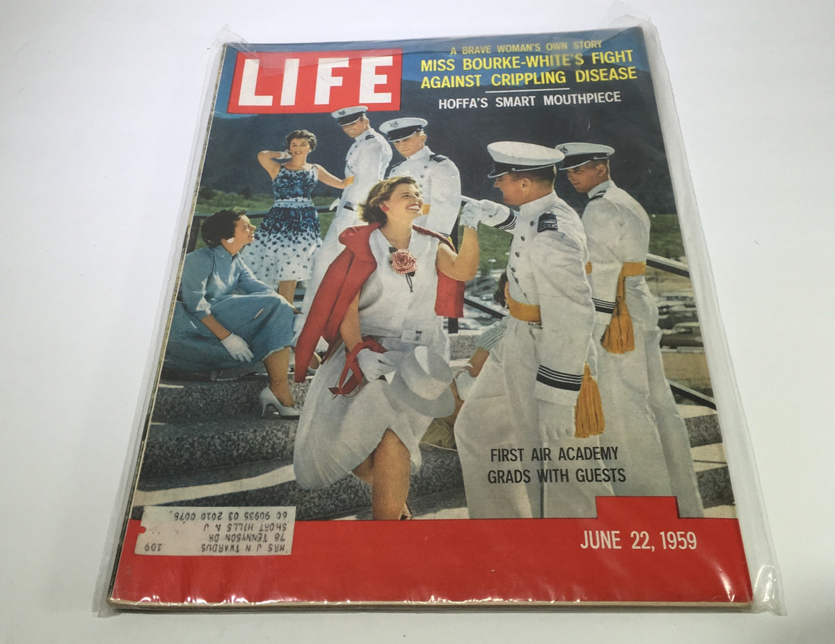 Cover of Life Magazine dated June 22, 1959, featuring the first Air Force Academy graduates with guests. Includes a notable article on Miss Bourke White's fight against crippling disease.