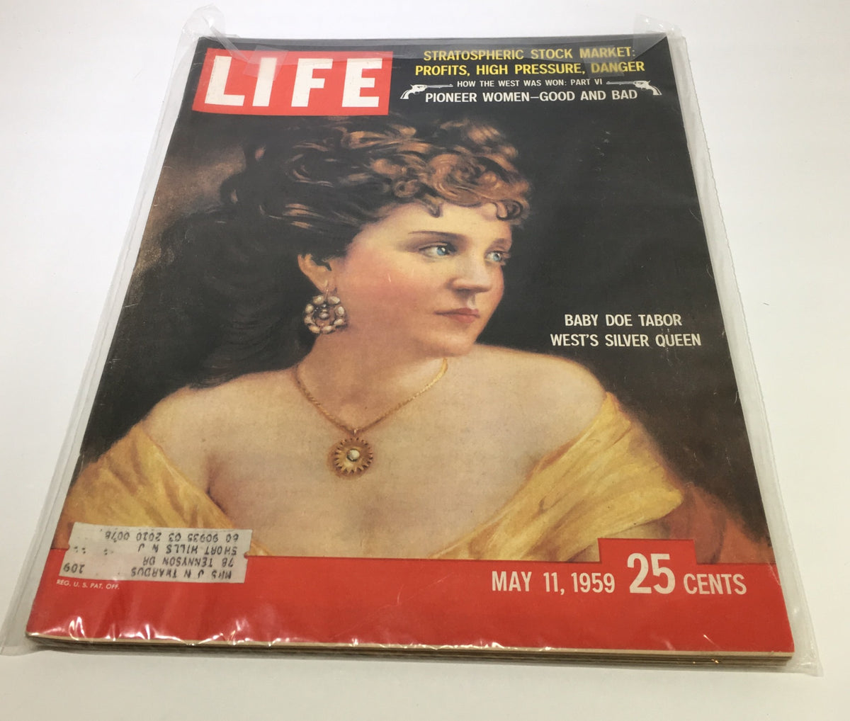 Life Magazine cover from May 11, 1959, featuring Baby Doe Tabor, the West's Silver Queen. The image shows the vintage magazine with a portrait of Baby Doe Tabor adorned with jewelry, showcasing its iconic design and historical significance.