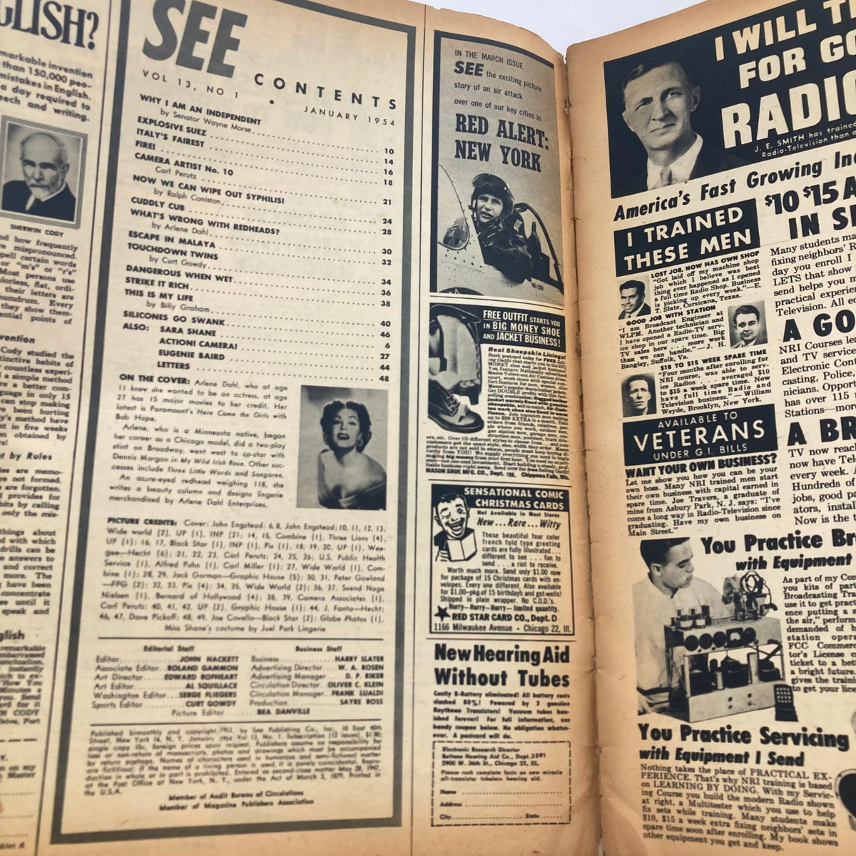 Contents page of VTG See Magazine January 1954 displaying articles and features including Arlene Dahl and topics of the era.