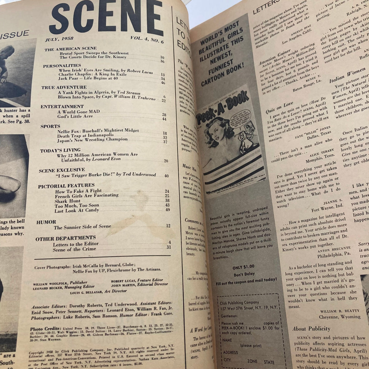 Inside view of VTG Scene Magazine July 1958 Vol 4 No 6 showcasing the table of contents, highlighting personalities and features of the era.
