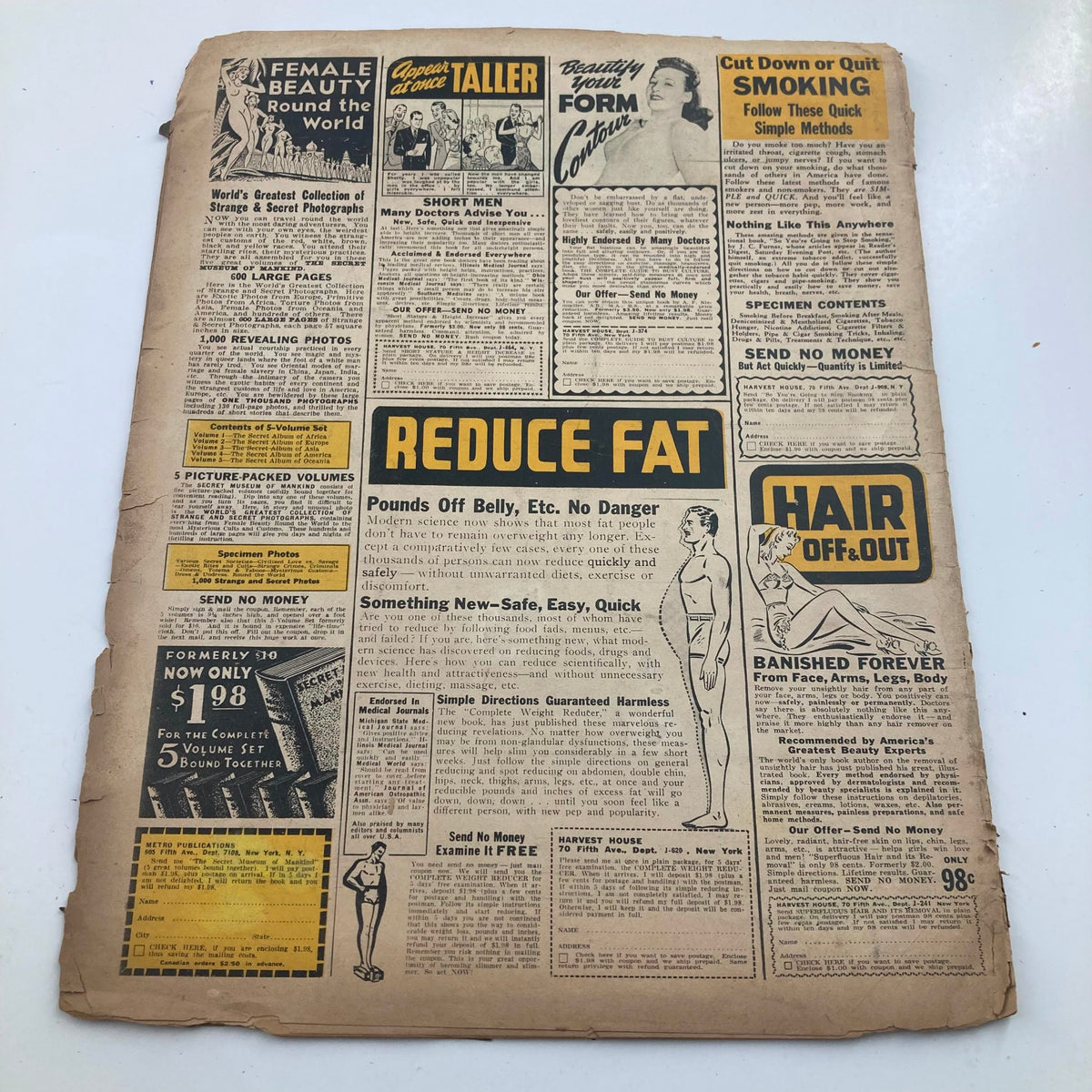 Back cover of the VTG Pictorial Thrill Magazine August 1942, displaying advertisements related to beauty, weight loss, and personal care products.