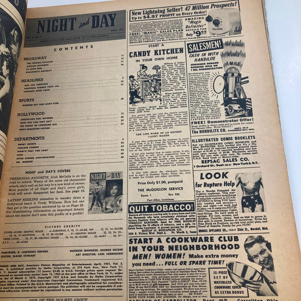 Interior page of VTG Night and Day Magazine April 1951 displaying contents and advertisements reflecting mid-century culture.