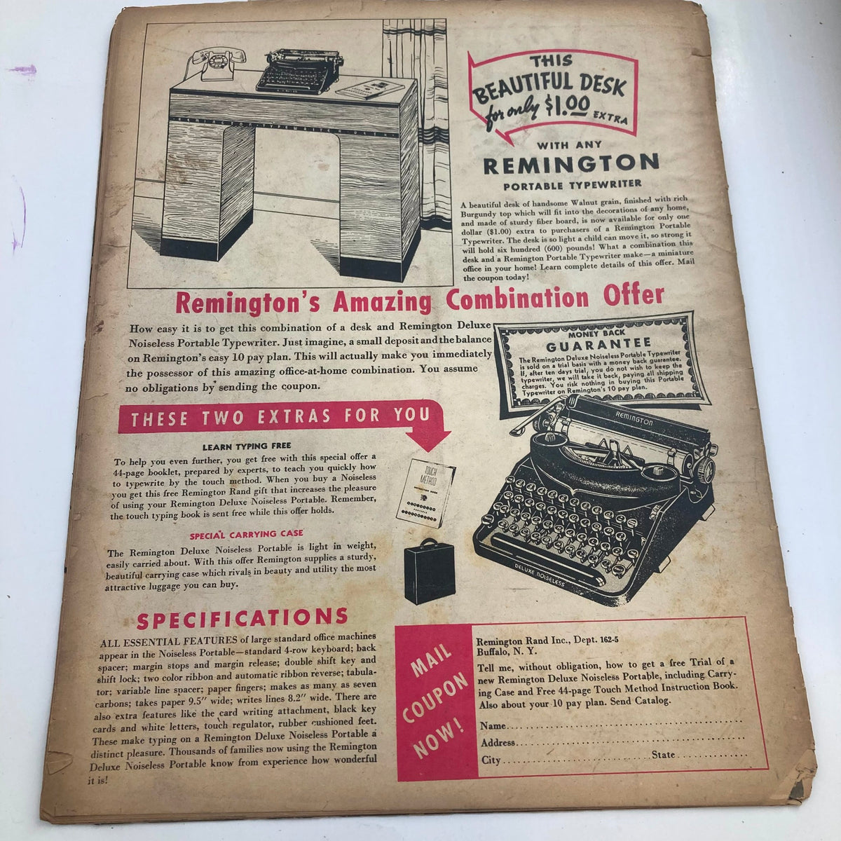 Back cover of the VTG Laff Magazine May 1942, advertising a Remington portable typewriter with offers and specifications.