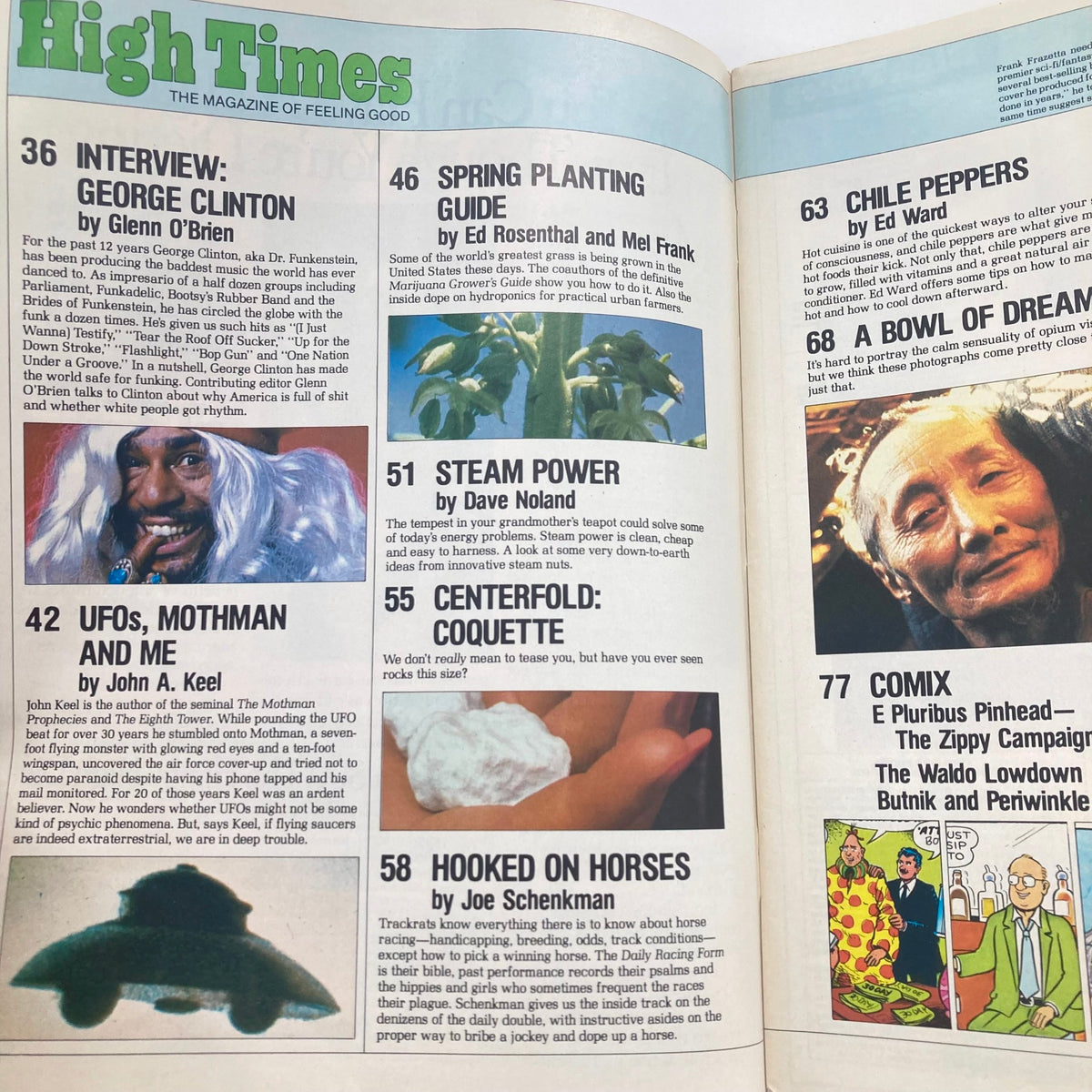 Interior pages of VTG High Times Magazine May 1980 #57 featuring articles on George Clinton, UFOs, and a spring planting guide, emphasizing its significance in cannabis culture.