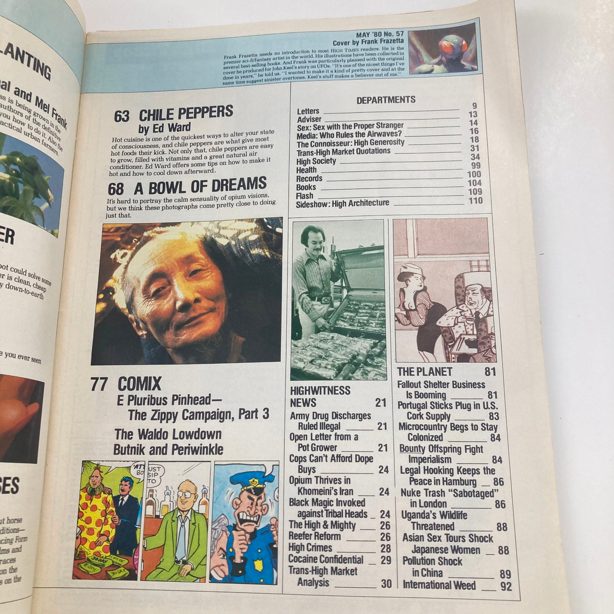 Interior page from VTG High Times Magazine May 1980 #57 featuring sections on 'Chile Peppers', 'A Bowl of Dreams', and 'Comix'. Highlights articles and content from cannabis culture and folklore, perfect for collectors.