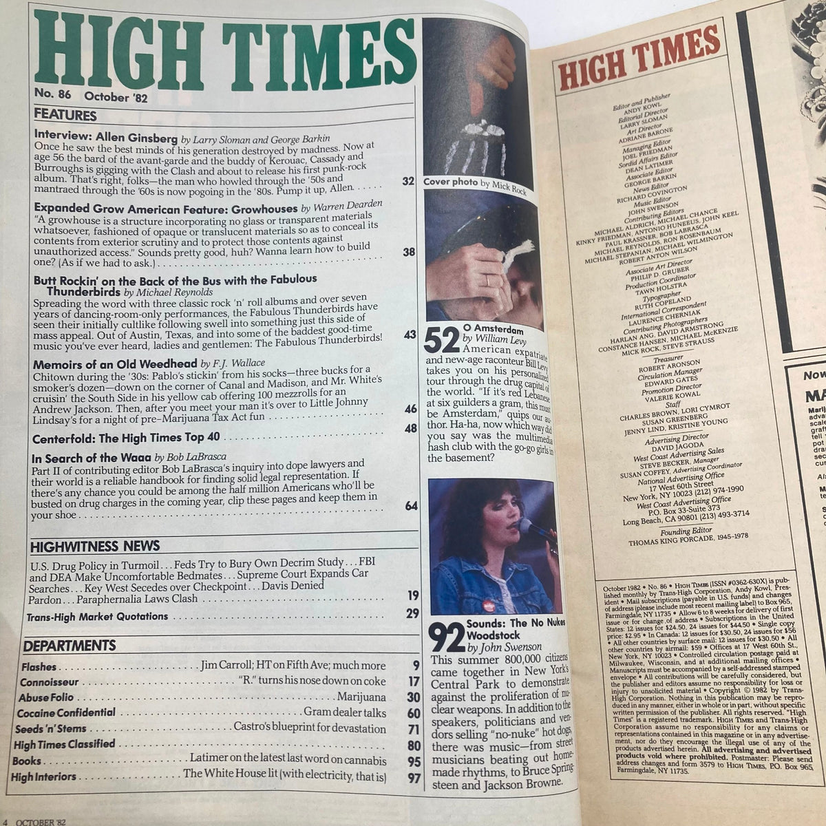 Interior page of VTG High Times Magazine October 1982 #86 highlighting features including the Allen Ginsberg interview and various articles about cannabis culture.