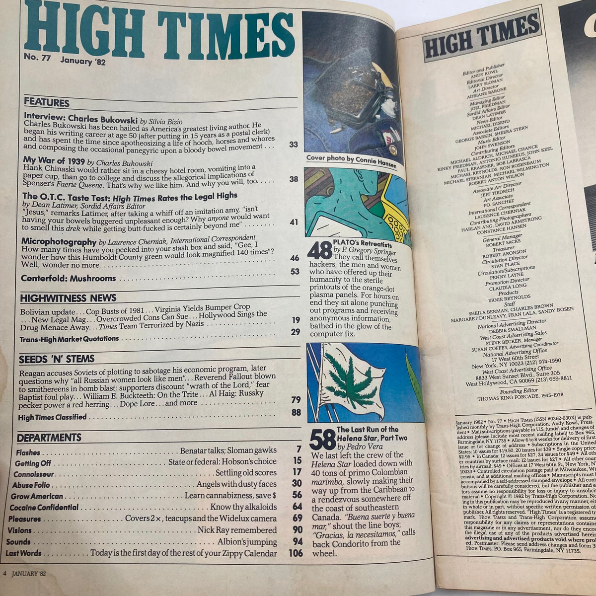 Interior page of High Times Magazine January 1982 #77, showcasing features including Charles Bukowski interview and articles on drug culture, with a detailed table of contents.