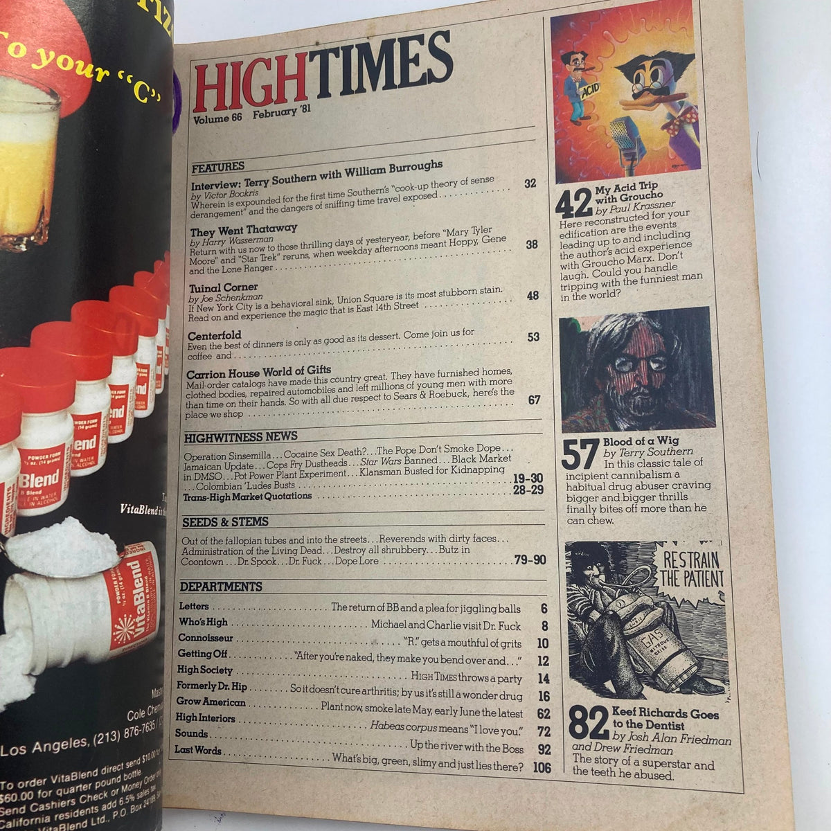 Inside page of VTG High Times Magazine February 1981 #66 displaying the table of contents with feature articles including 'My Acid Trip with Groucho' by Paul Krassner. The layout shows various sections and highlights of the magazine.