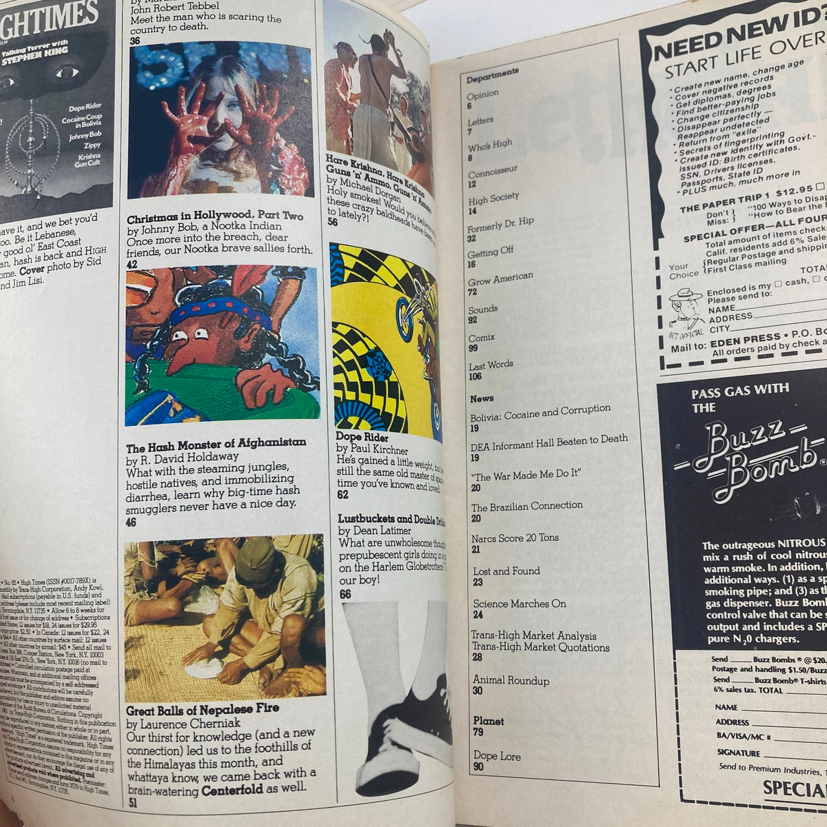 Interior page of VTG High Times Magazine January 1981 displaying articles including 'Dopo Rider' and 'The Hash Monster of Afghanistan', reflecting early 80s cultural themes.