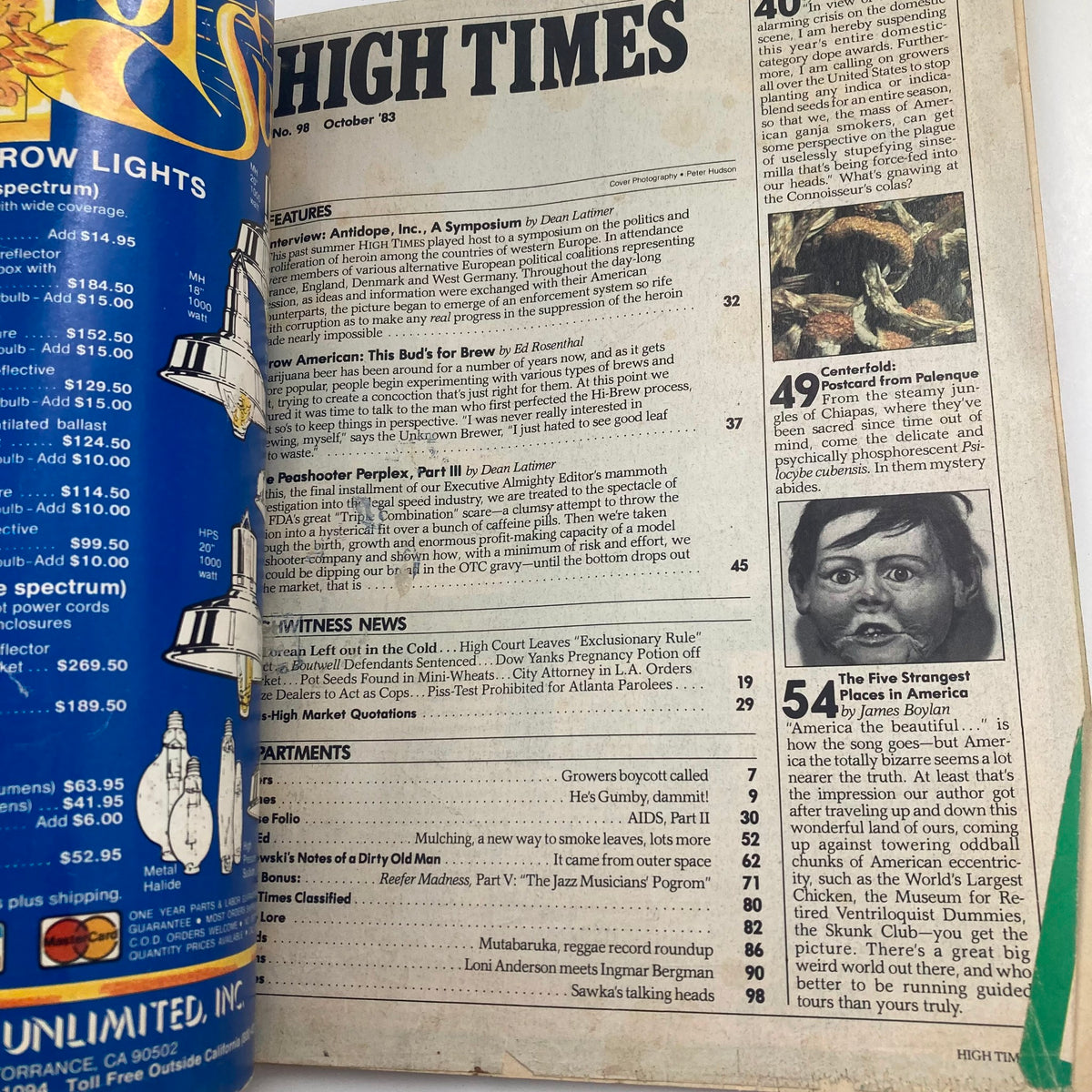 Interior page of the VTG High Times Magazine October 1983 #98 showcasing various articles and advertisements related to cannabis and brewing, emphasizing its historical context within marijuana culture.