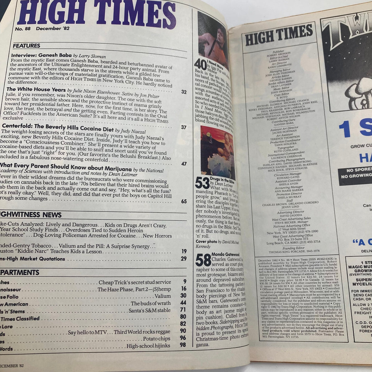 Inside pages of VTG High Times Magazine December 1982 #88 featuring articles including 'Drugs in The Bible' and other notable features, showcasing unique cultural discussions from that era.