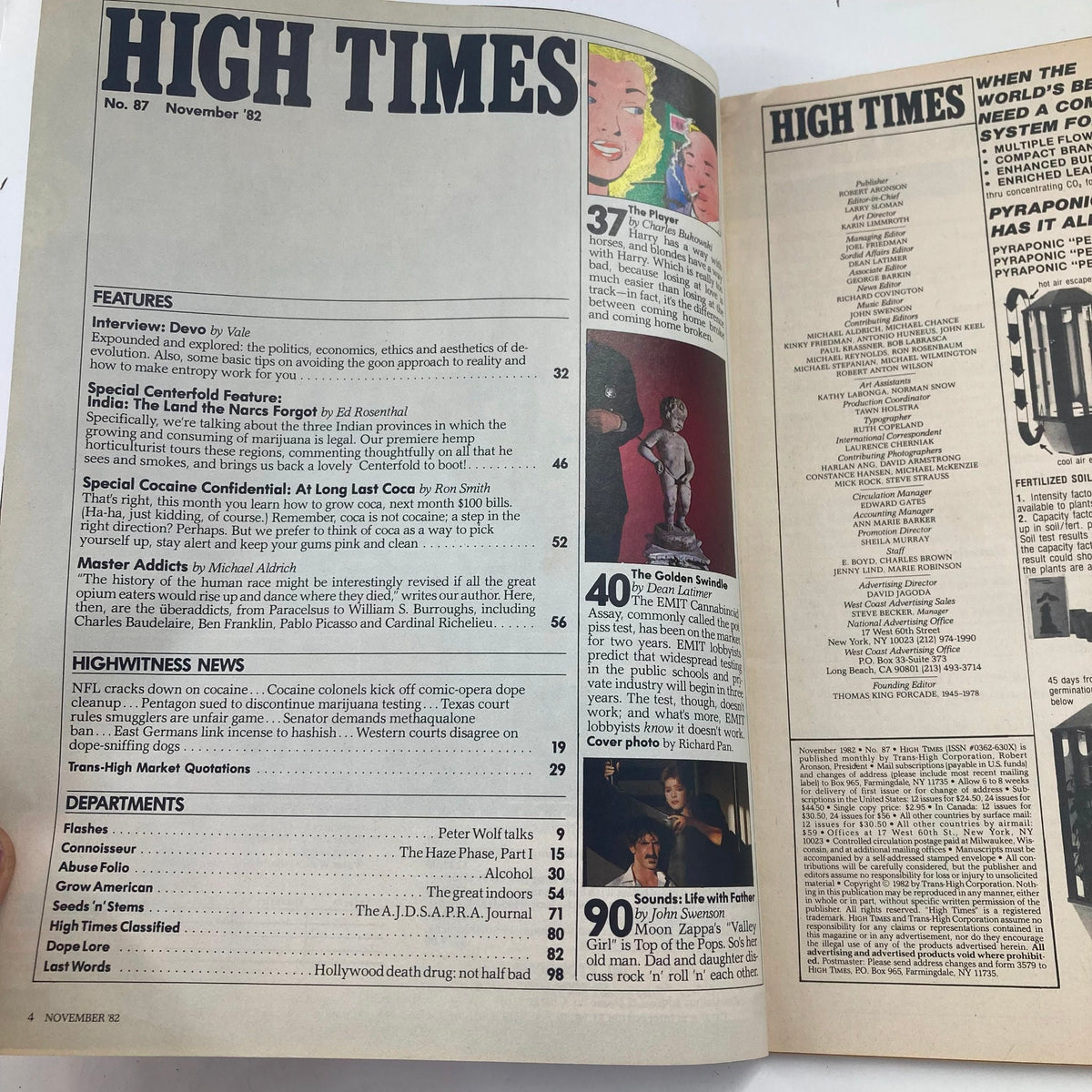 High Times Magazine November 1982, Issue #87, featuring articles on cannabis culture, a special centerfold, and an overview of pop culture reflecting the 1980s era.