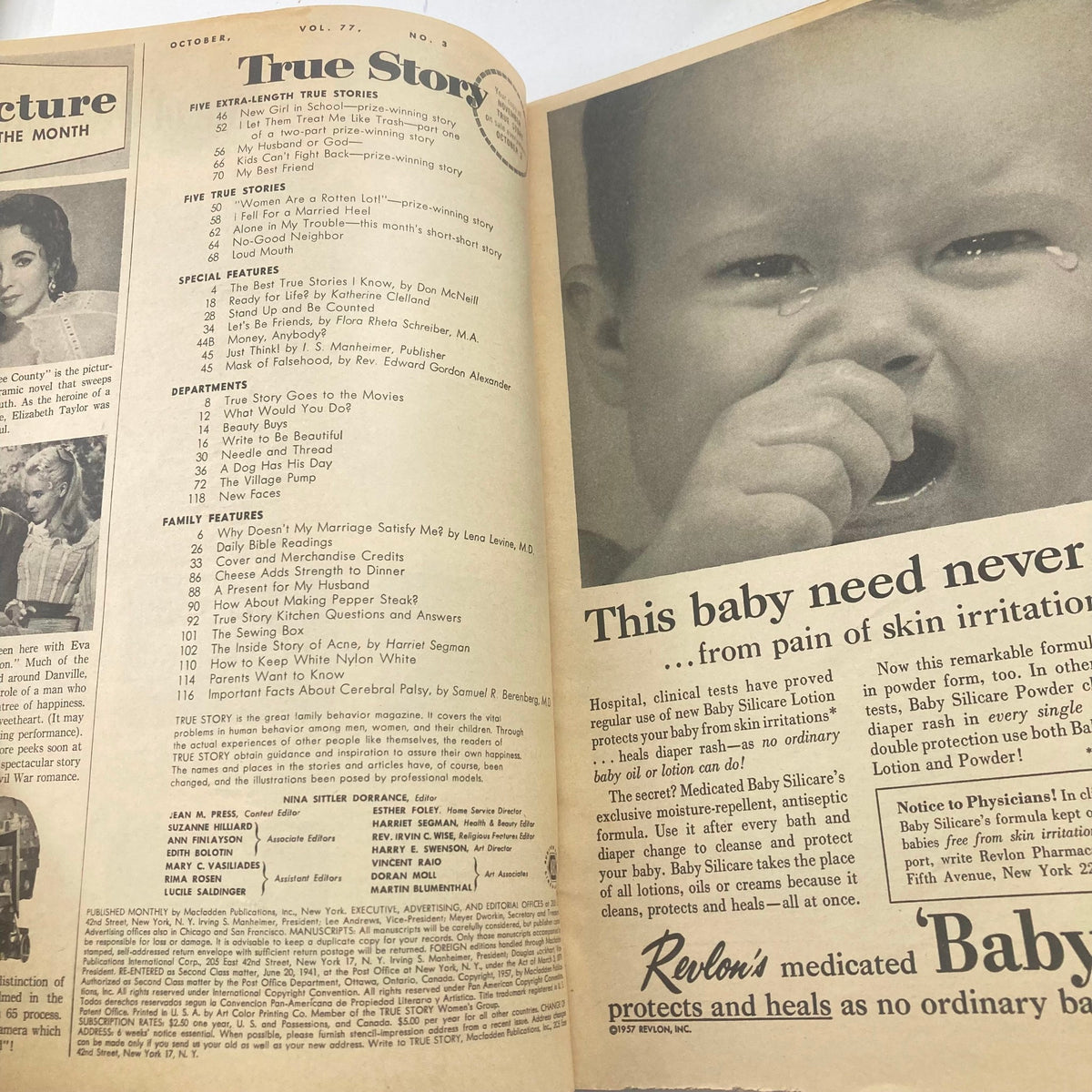 Inside page of VTG True Story Magazine October 1957 Vol 77 No. 3 showcasing the table of contents and various articles.
