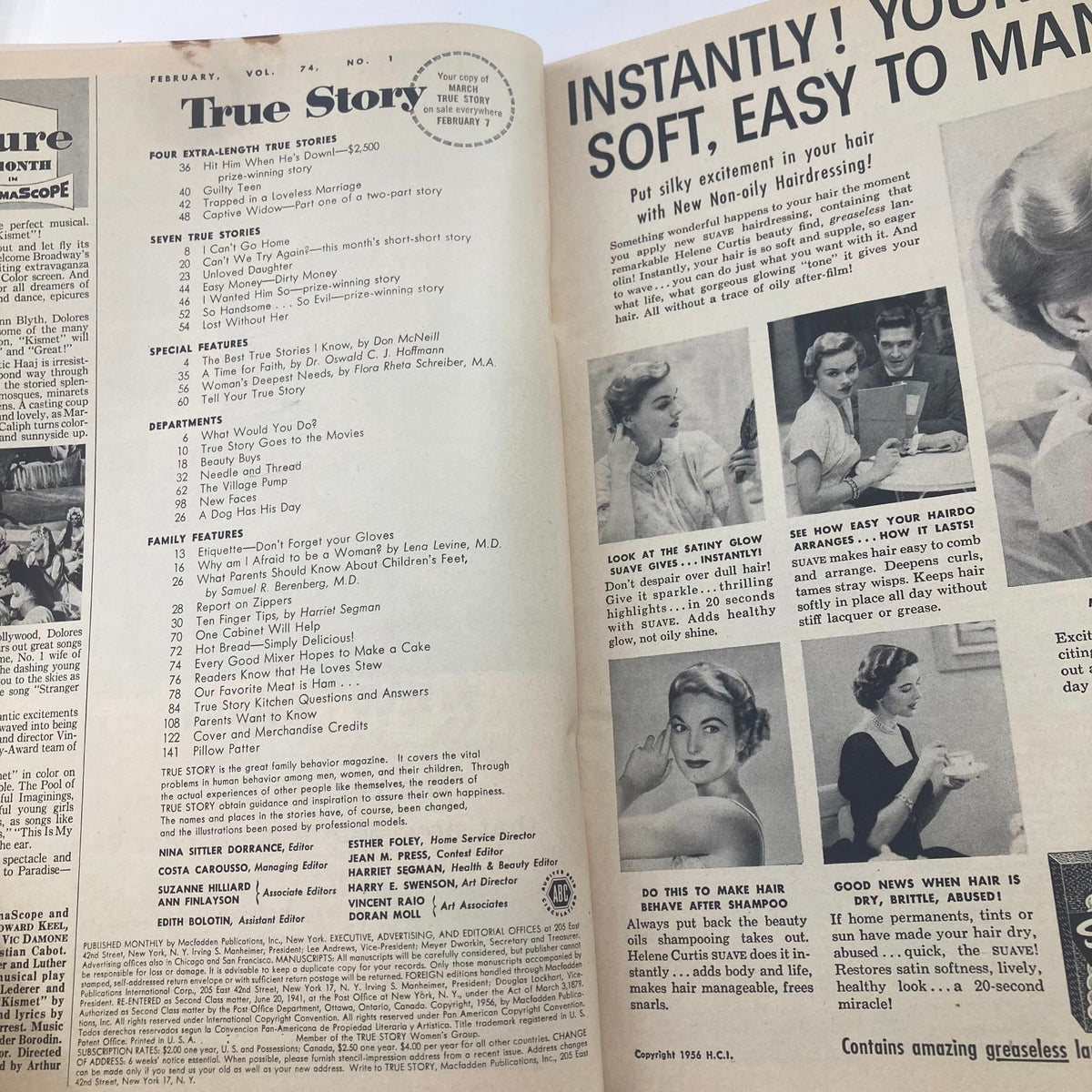 Interior pages of VTG True Story Magazine February 1956 Vol 74 No. 1, displaying articles and features, including a section on family and health, reflecting the cultural themes of the 1950s.