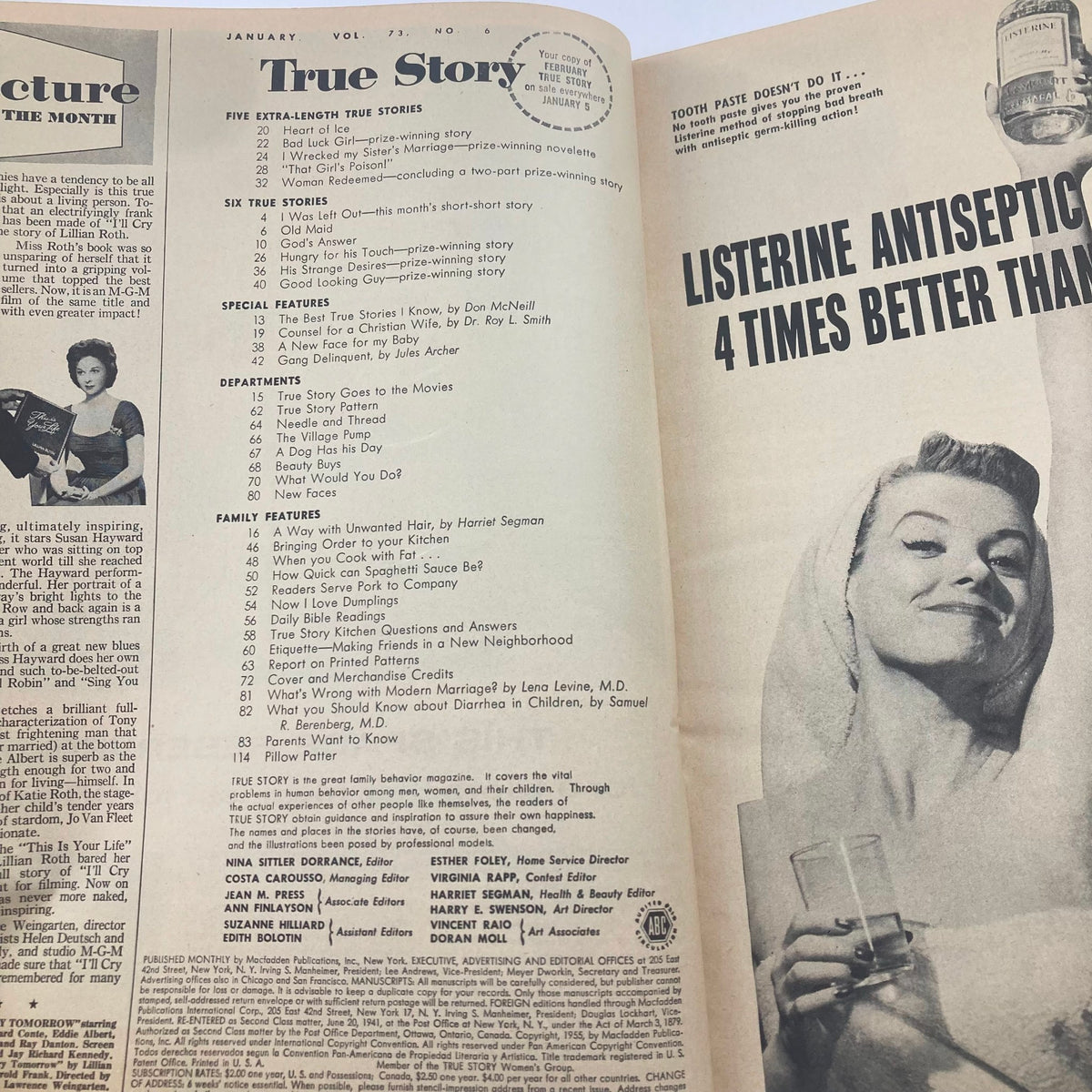Interior page of VTG True Story Magazine January 1955, Volume 73, Number 6, showcasing articles and features, including table of contents and advertisements.