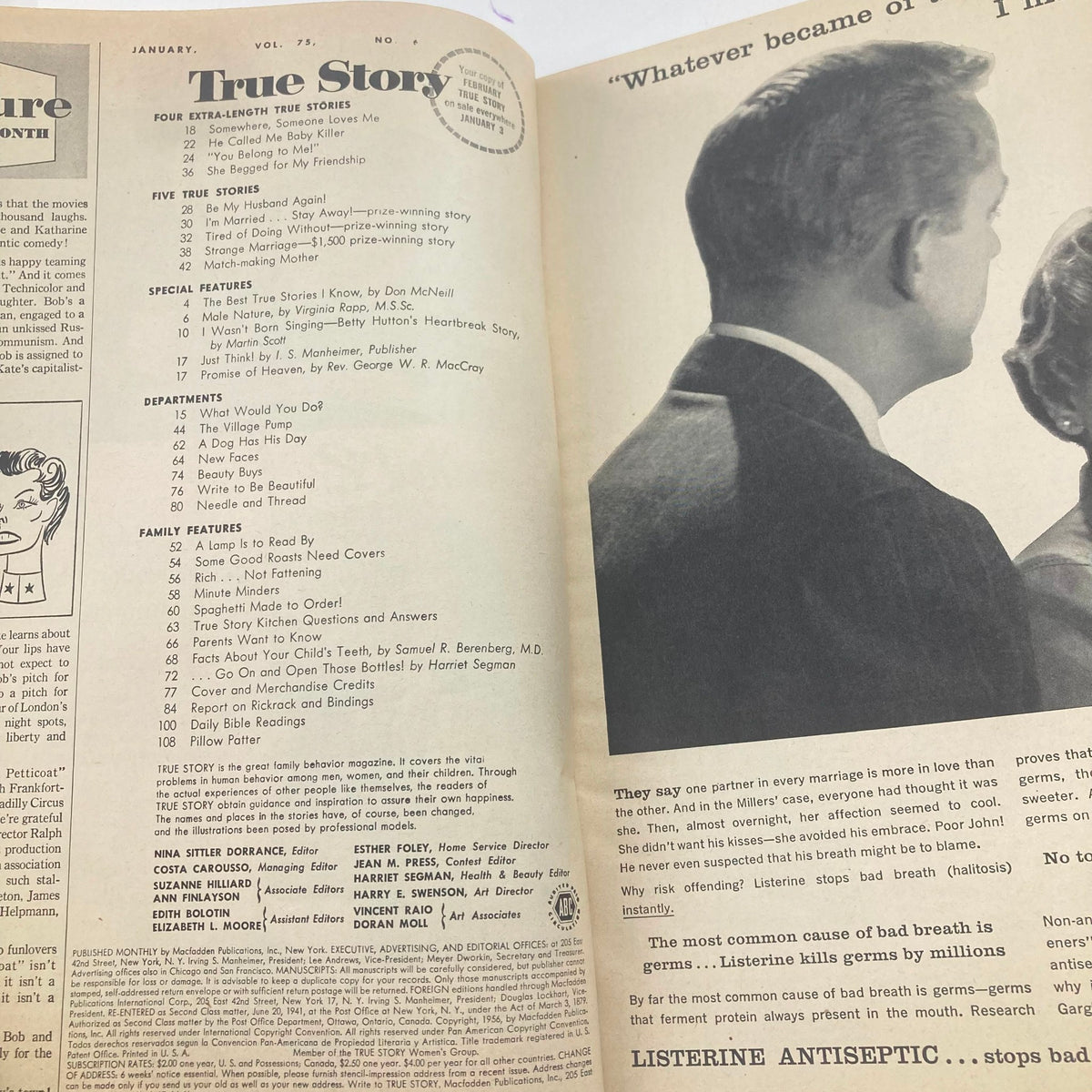 Inside page of True Story Magazine January 1956 Vol 75 No 6, displaying the table of contents, including the feature on Betty Hutton's Heartbreak Story and various articles typical of mid-20th century magazines.