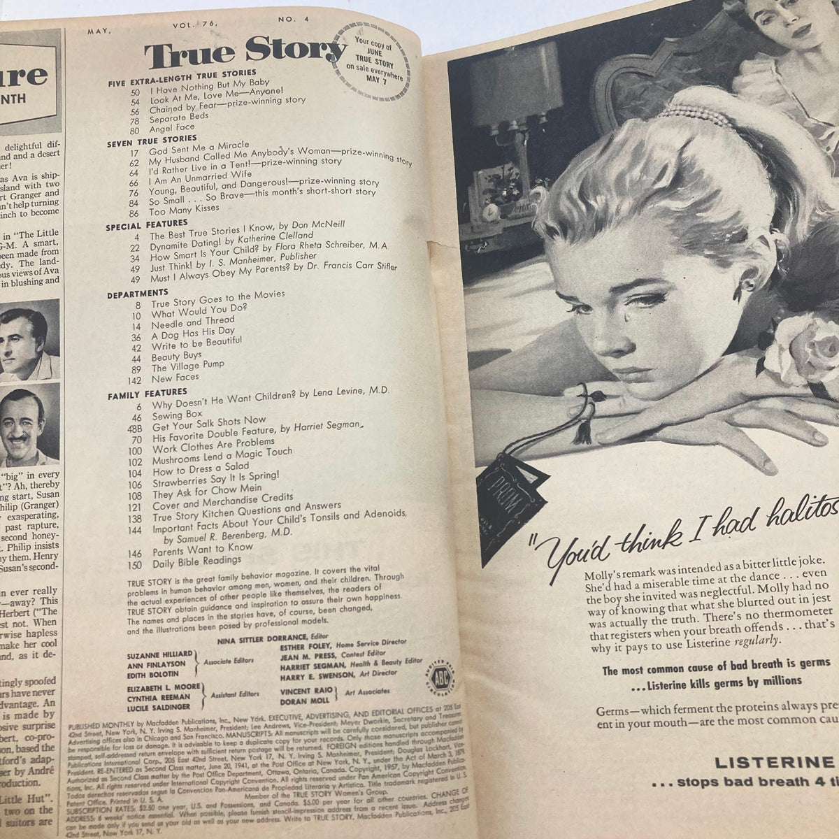 Interior page of True Story Magazine May 1957, Vol 76 No 4, showcasing the table of contents with various featured stories.