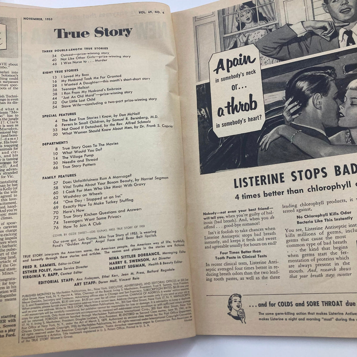Interior page of VTG True Story Magazine November 1953, Volume 69, Number 4, displaying the table of contents and special features including true stories and family topics.