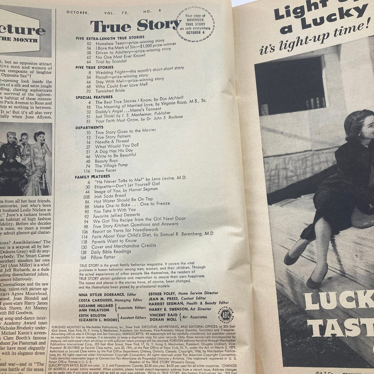 Interior page of VTG True Story Magazine October 1956, Volume 75, Number 3 displaying the table of contents and featuring various article titles related to marriage and relationships.