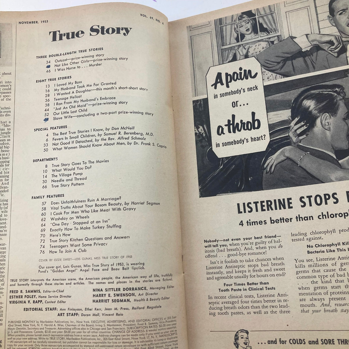 Inside page of VTG True Story Magazine, November 1953, showcasing the table of contents and various article titles including 'Teenage Hellcat' and 'What Women Should Know About Men'.