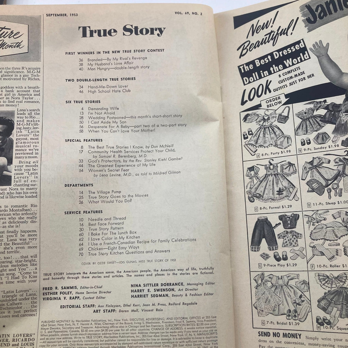 Interior page of VTG True Story Magazine September 1953, Volume 69, No. 2, displaying the table of contents and articles including 'First Winners in the New Story Contest'.
