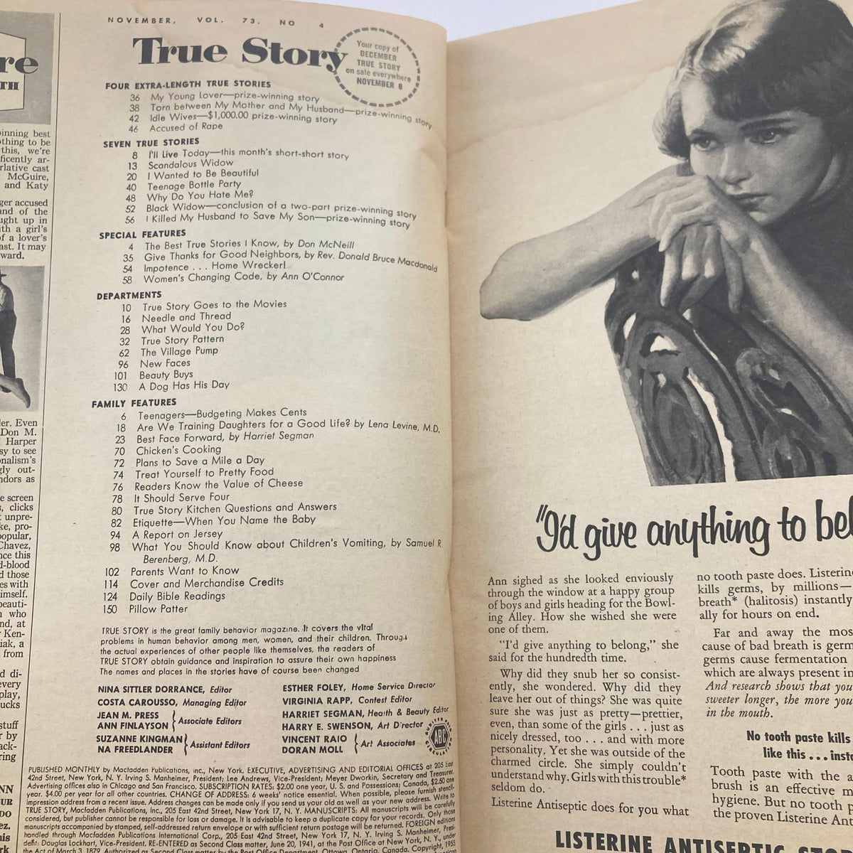 Inside page of VTG True Story Magazine November 1955, showcasing the table of contents with various articles including 'Teenage Bottle Party' and other features of the era.