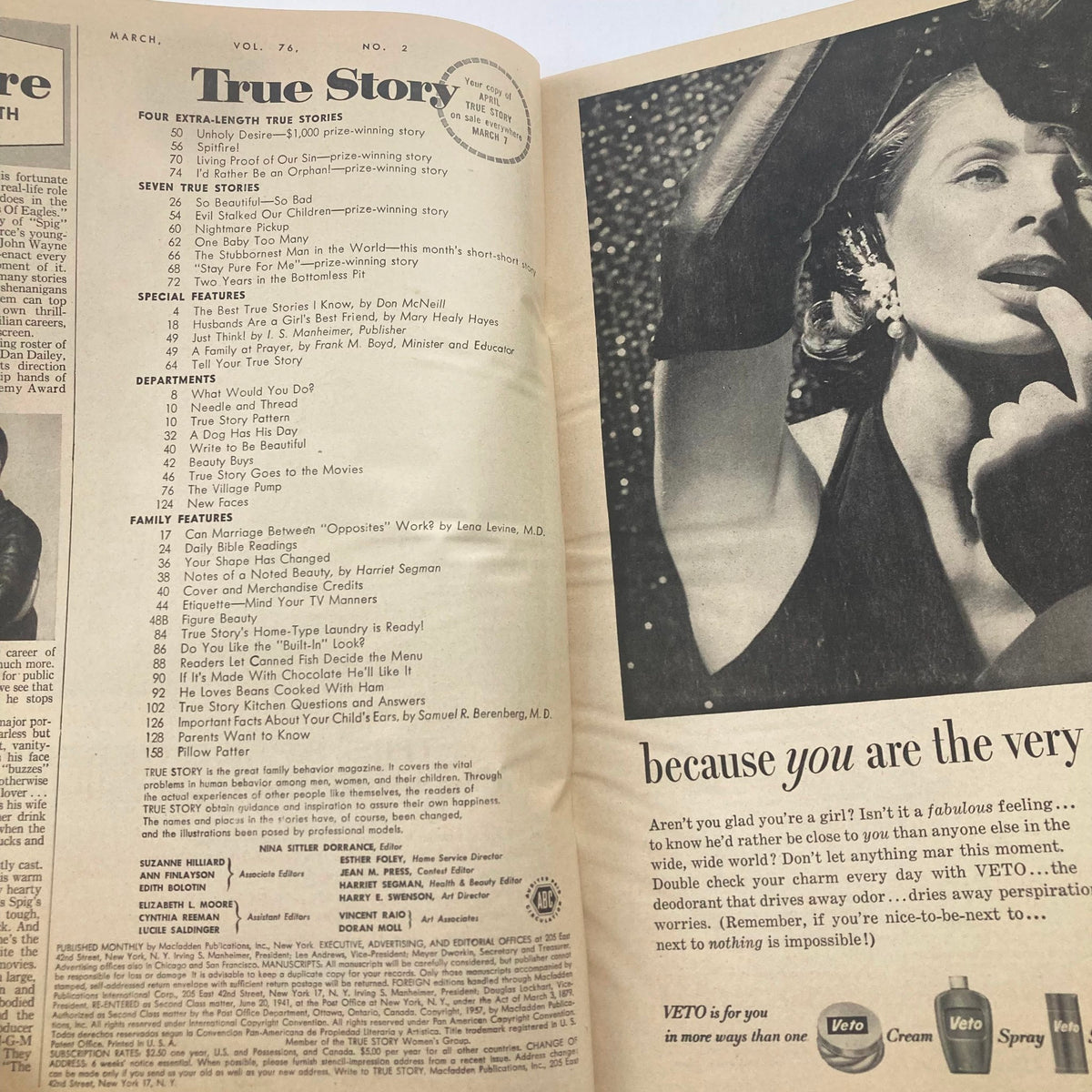 Inside pages of VTG True Story Magazine from March 1957, Volume 76, Number 2, displaying contents including articles and features reflective of the societal themes of the 1950s.