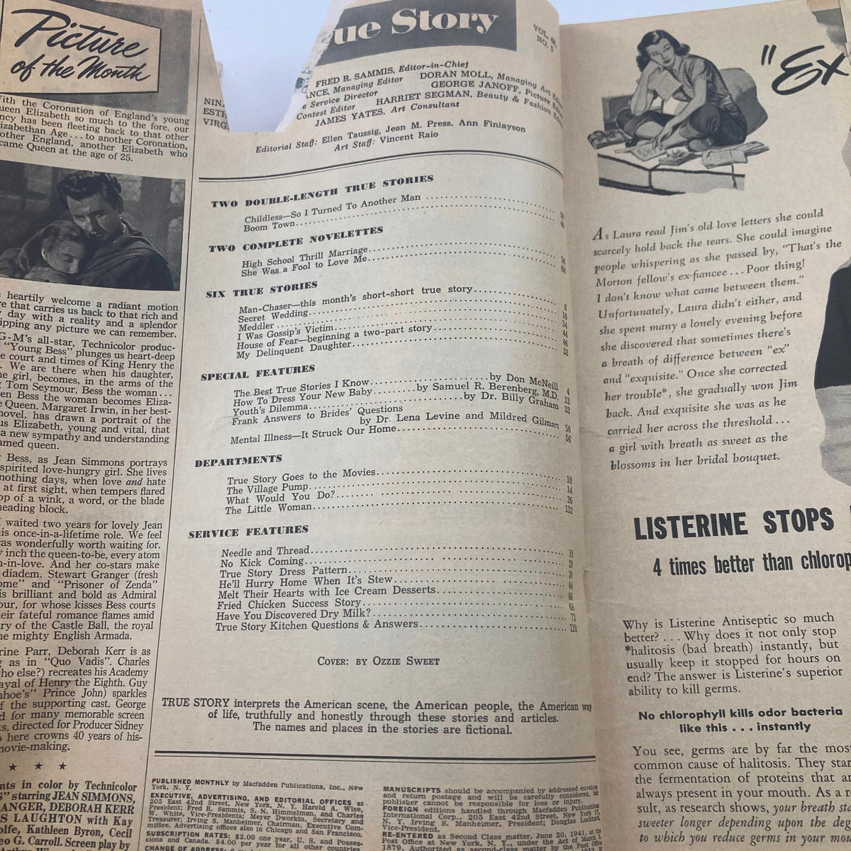 Interior page from True Story Magazine, June Issue, displaying the table of contents and various features, reflecting 1950s magazine design.