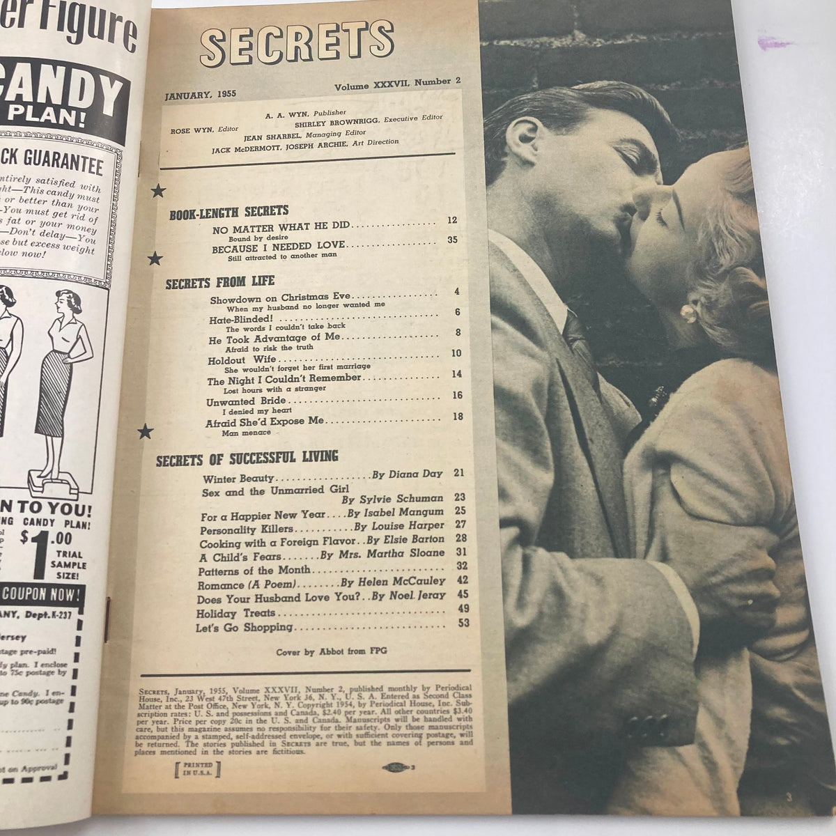 Interior page of VTG Secrets Magazine January 1955 showcasing the table of contents, highlighting featured articles including 'Showdown on Christmas Eve,' among others. Volume 37, Issue 2.