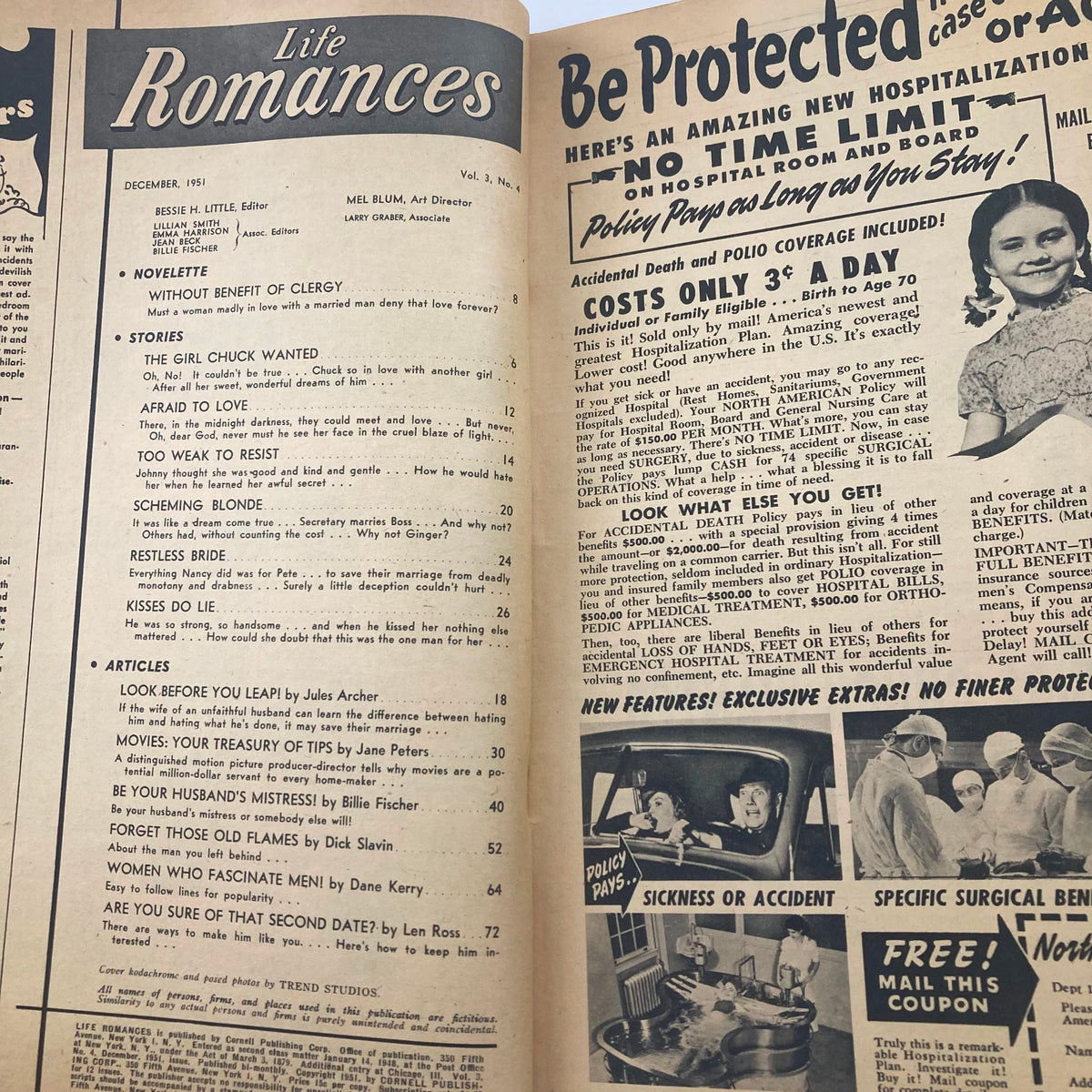 Interior page of VTG Life Romances Magazine December 1951, displaying the table of contents and articles including 'Afraid to Love' and 'Restless Bride'.