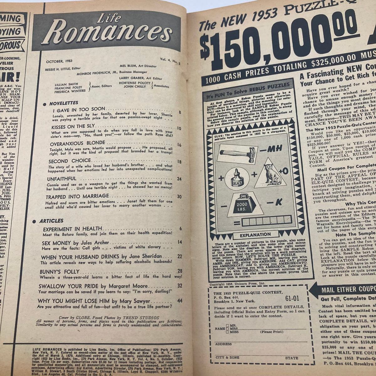 Interior page of VTG Life Romances Magazine October 1953 Volume 4 Issue 5 showcasing the table of contents with story titles and articles.