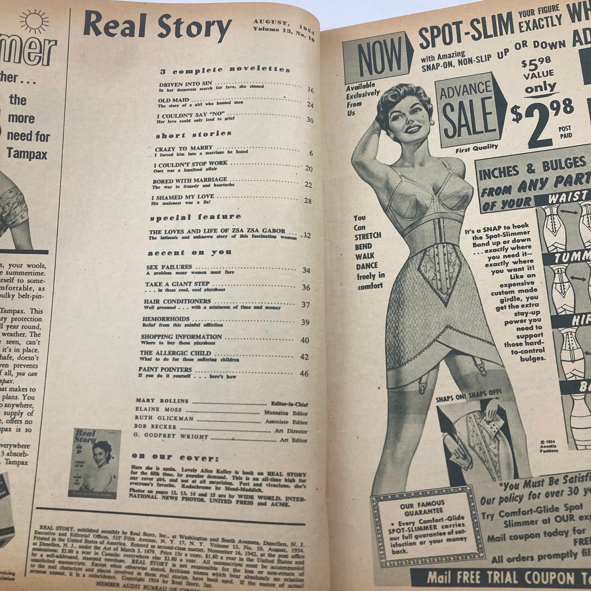 Interior page of VTG Real Story Magazine August 1954 Vol 13 No. 10 showcasing the table of contents, including a special feature on the loves and life of Zsa Zsa Gabor.