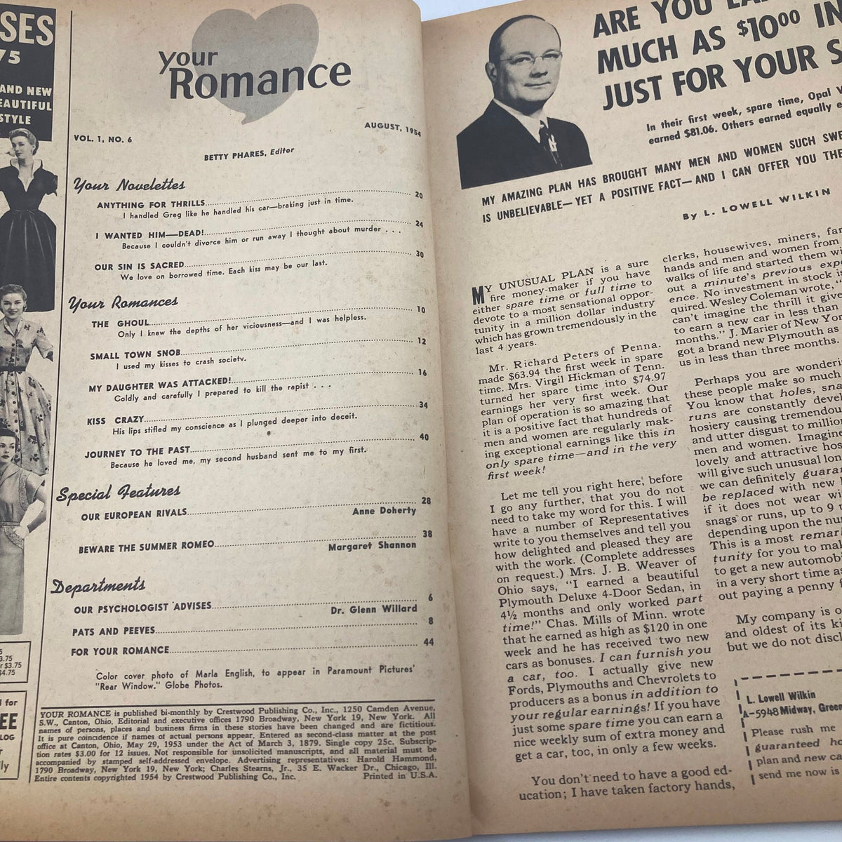 Vintage Your Romance Magazine August 1954 Vol 1 #6 Maria English Cover No Label