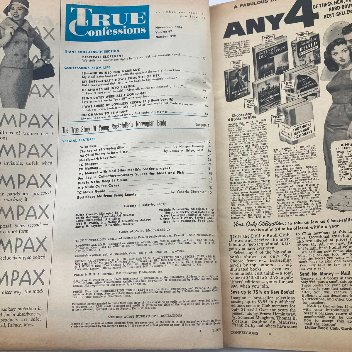 Interior page of VTG True Confessions Magazine November 1959 revealing contents including the story of Rockefeller's Young Bride and additional features.