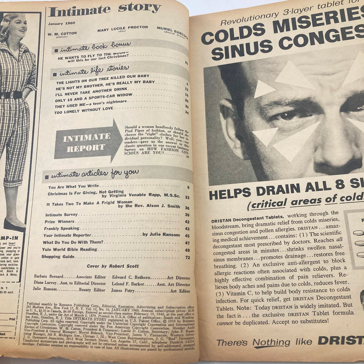 Inside spread of VTG Intimate Story Magazine January 1960 highlighting the table of contents including stories and articles with a vintage design and layout.