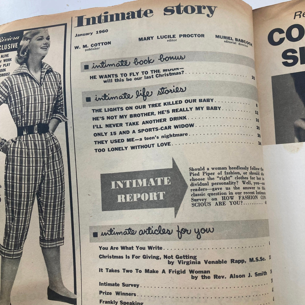 Inside view of the VTG Intimate Story Magazine January 1960 showcasing the table of contents with featured stories including 'He Wants to Fly to the Moon' and 'Too Lonely Without Love'.
